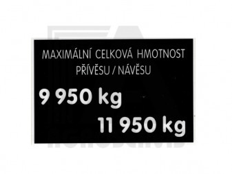 Štítek hmotnost přívěsu 9950kg-11950kg