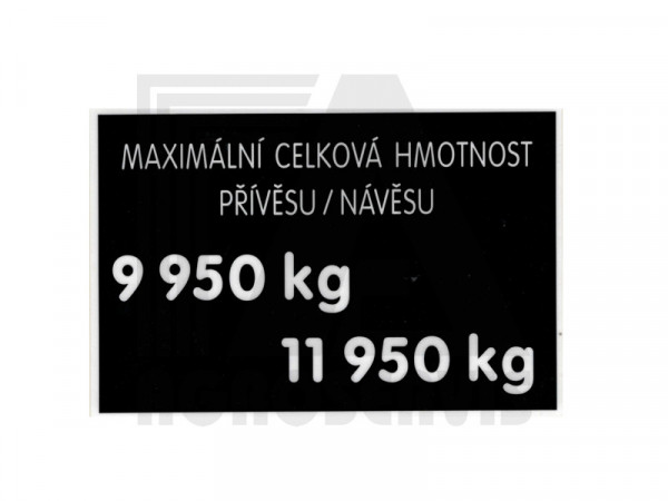 Štítek hmotnost přívěsu 9950kg-11950kg