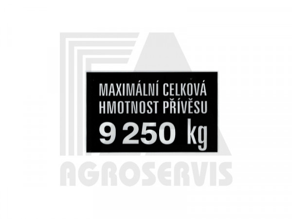 Štítek hmotnost přívěstu 9250kg